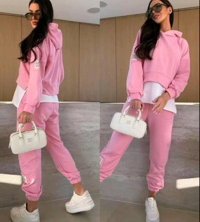 FarbMix™ Damen Kapuzen-Patchwork Sweatshirt Set