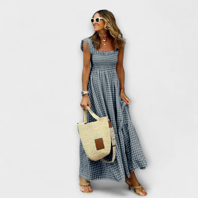 Suri - Maxikleid mit gerafften Karo-Rüschensäumen