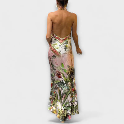 Ayla - Blumenmuster Ärmelloses Offenes Rücken Maxikleid