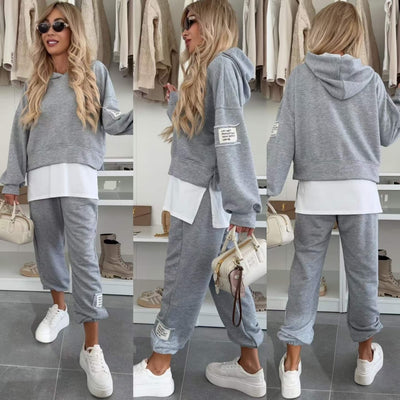 FarbMix™ Damen Kapuzen-Patchwork Sweatshirt Set