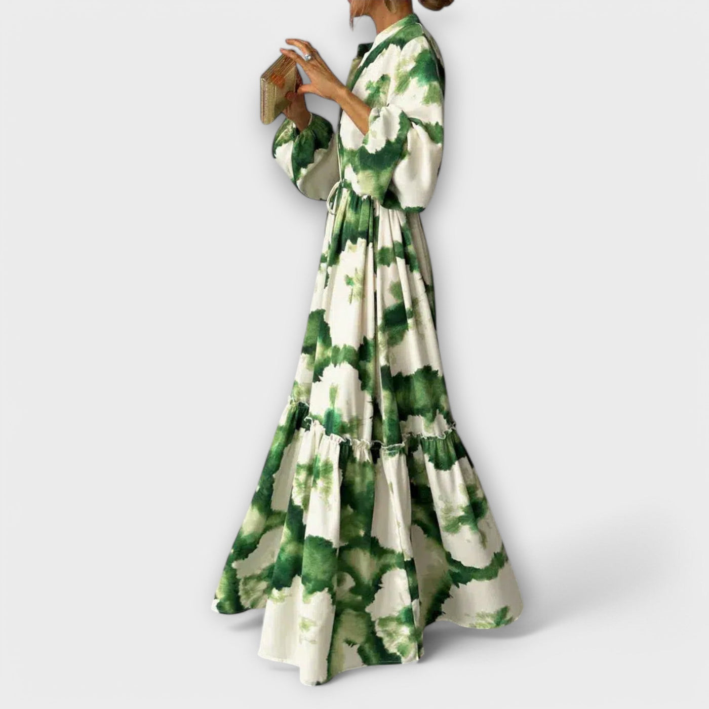 Melina - Grünes Maxi-Kleid mit langen Ärmeln und V-Ausschnitt
