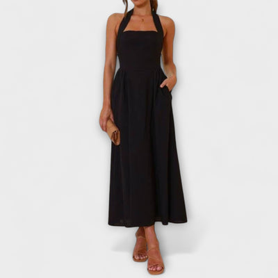Lydia - Mid-Length Schwarzes Halterkleid mit Taillendetail