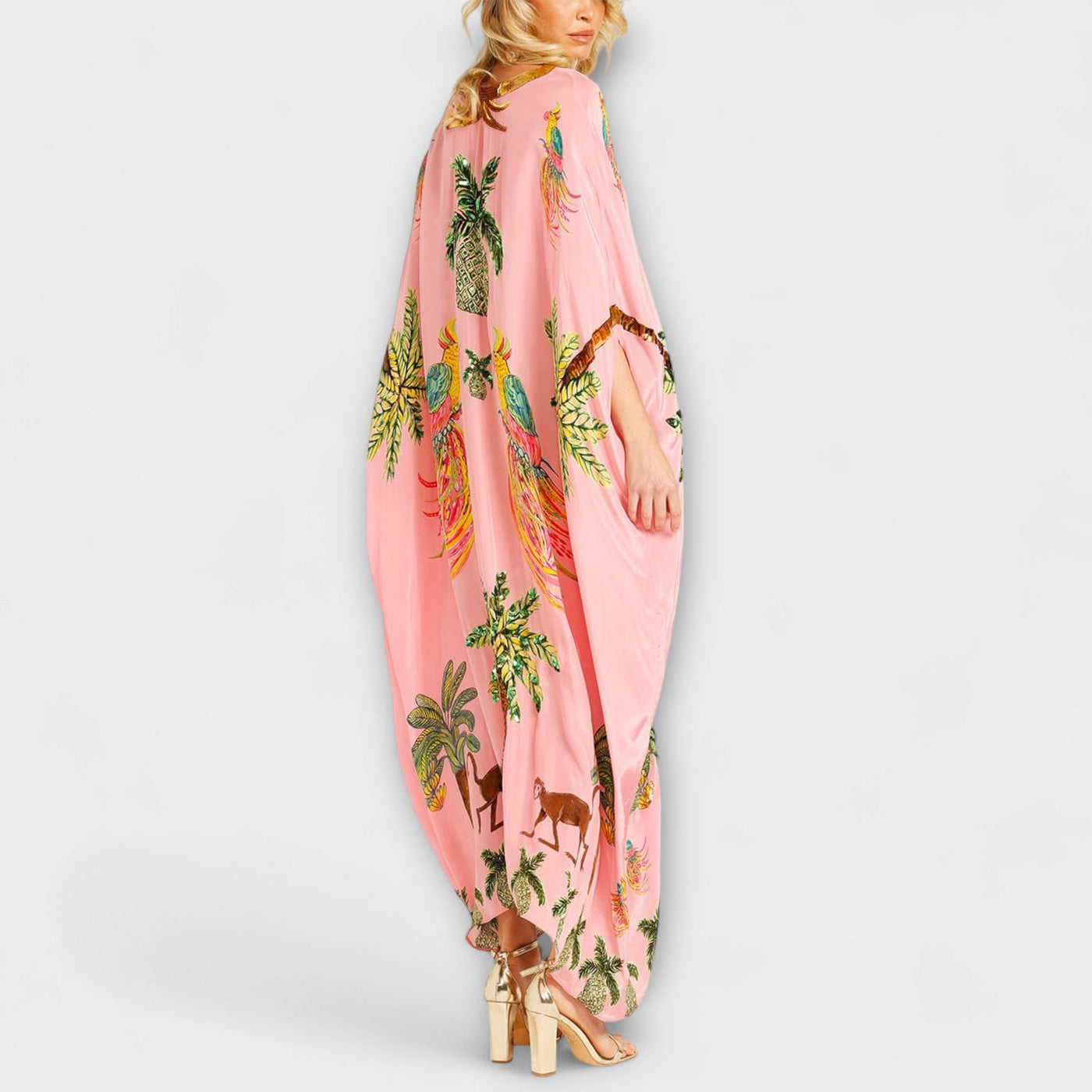Linda - Auffälliges Kleid mit schrägen Schultern und Kokosbaum-Print