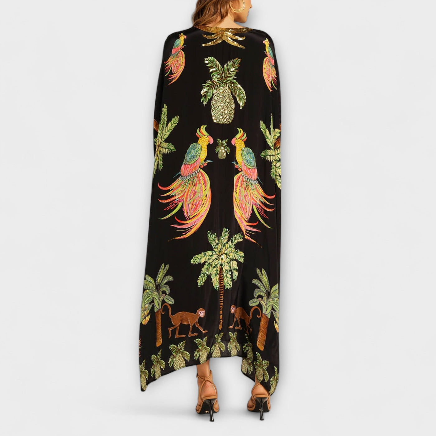 Linda - Auffälliges Kleid mit schrägen Schultern und Kokosbaum-Print