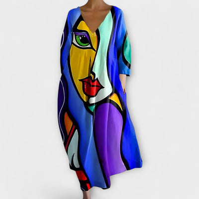 Fiona - Langes, farbenfrohes Kleid mit V-Ausschnitt
