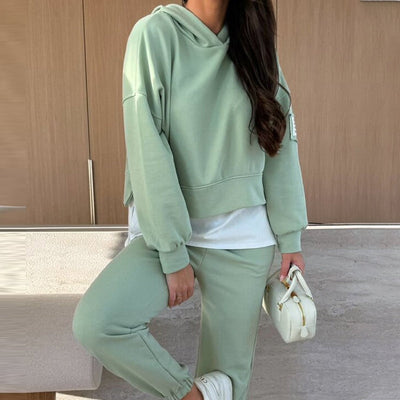 FarbMix™ Damen Kapuzen-Patchwork Sweatshirt Set